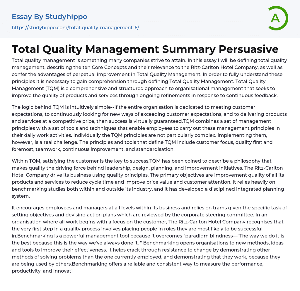 Total Quality Management Summary Persuasive Essay Example