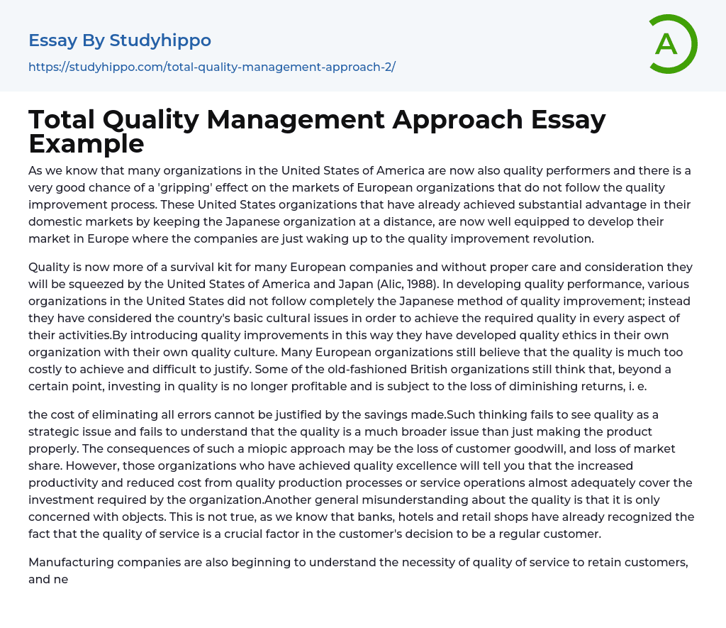 Total Quality Management Approach Essay Example