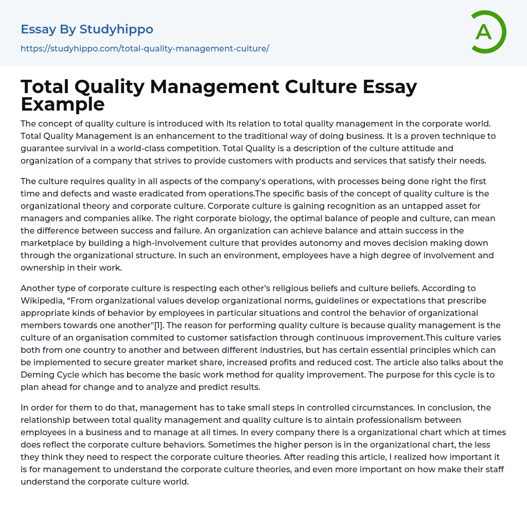 Total Quality Management Culture Essay Example