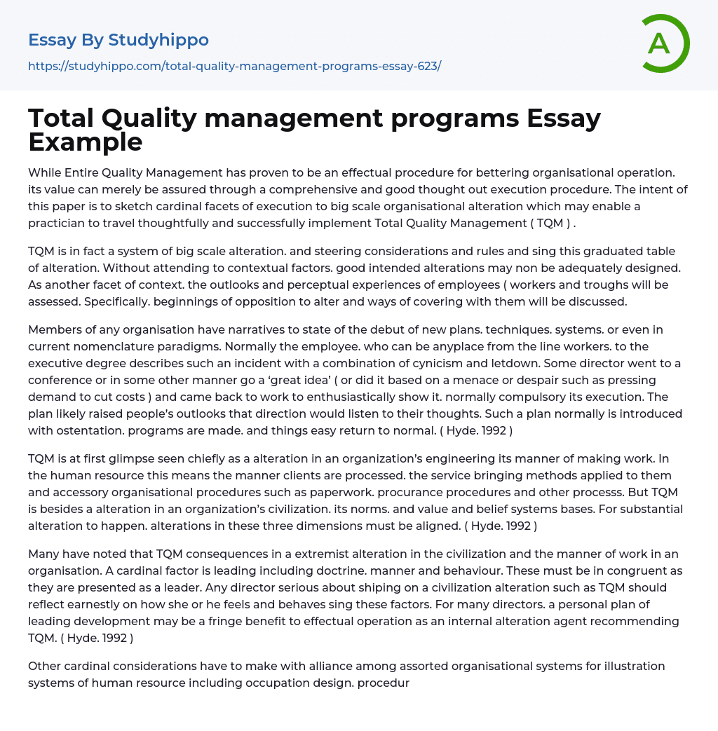 Total Quality management programs Essay Example