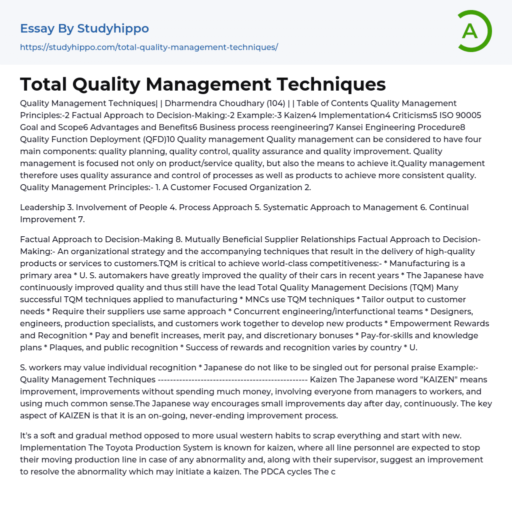 Total Quality Management Techniques Essay Example