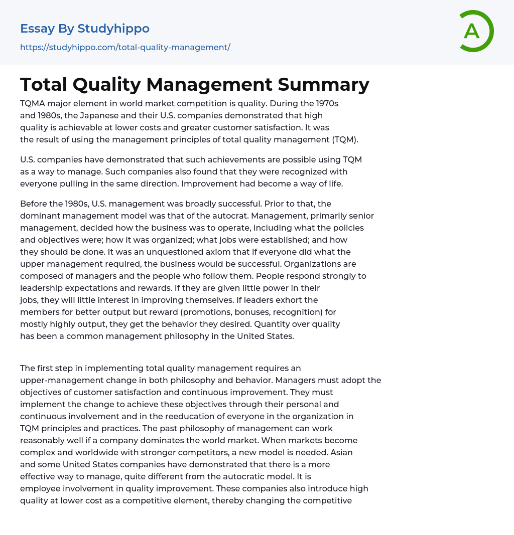 Total Quality Management Summary Essay Example