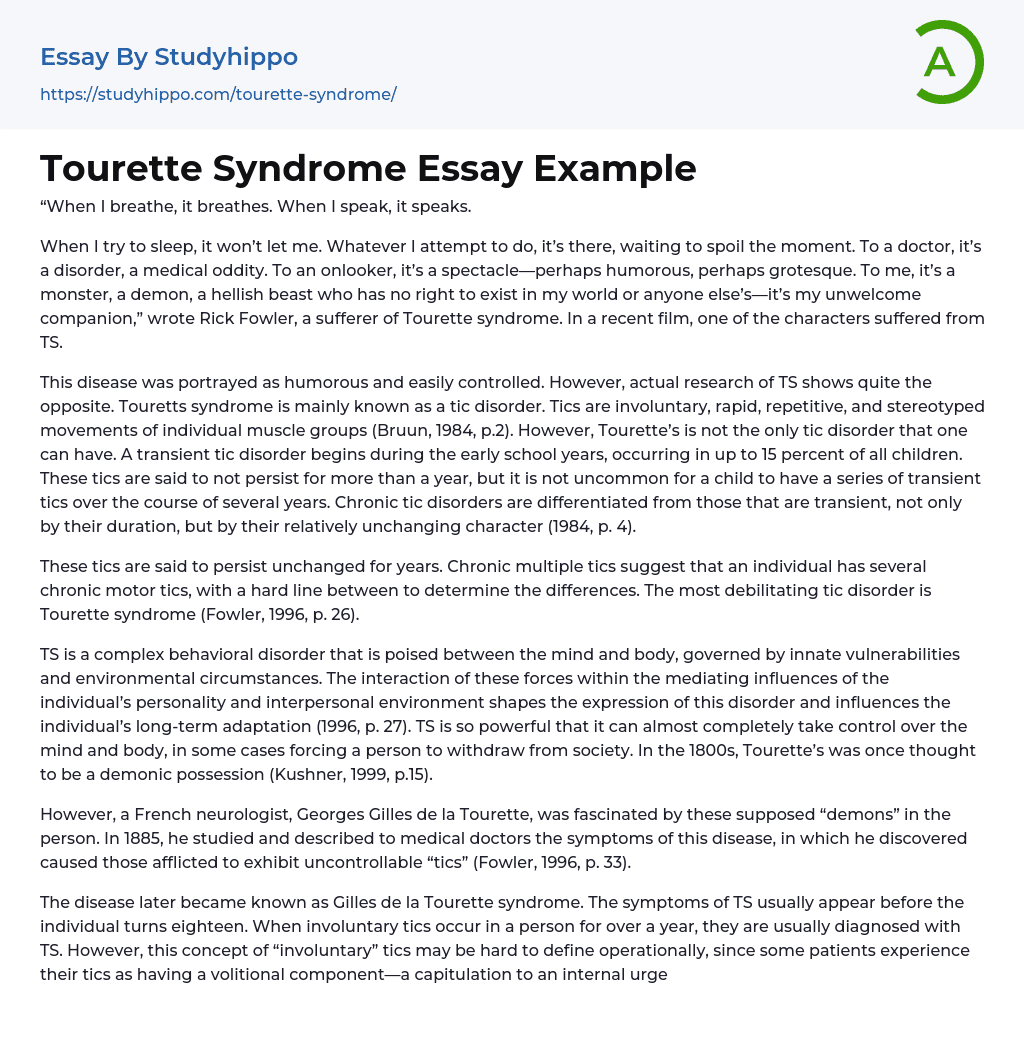 Tourette Syndrome Essay Example