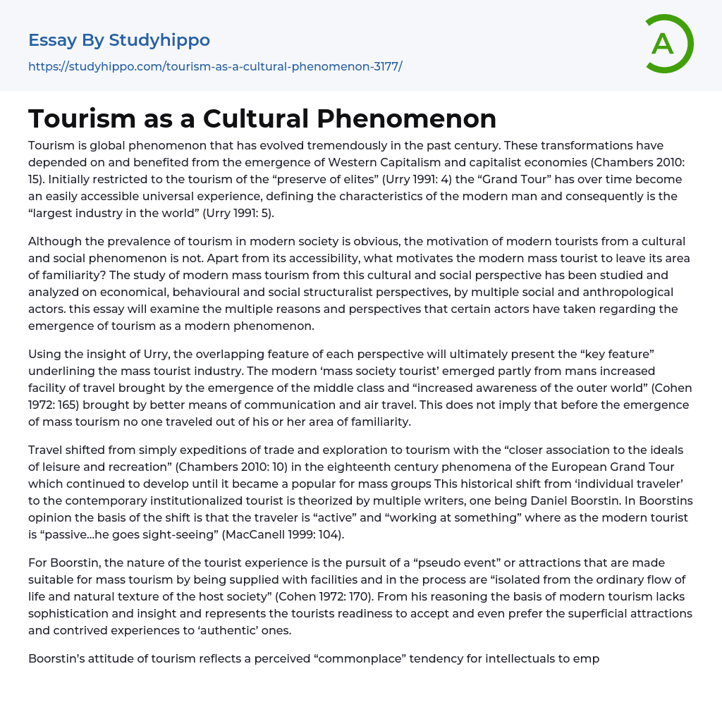 Tourism as a Cultural Phenomenon Essay Example
