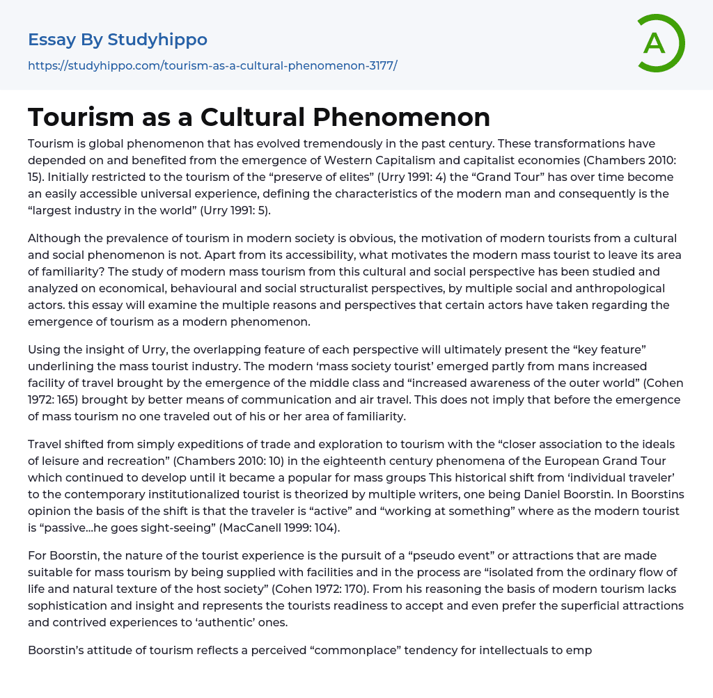 Tourism As A Cultural Phenomenon Essay Example StudyHippo