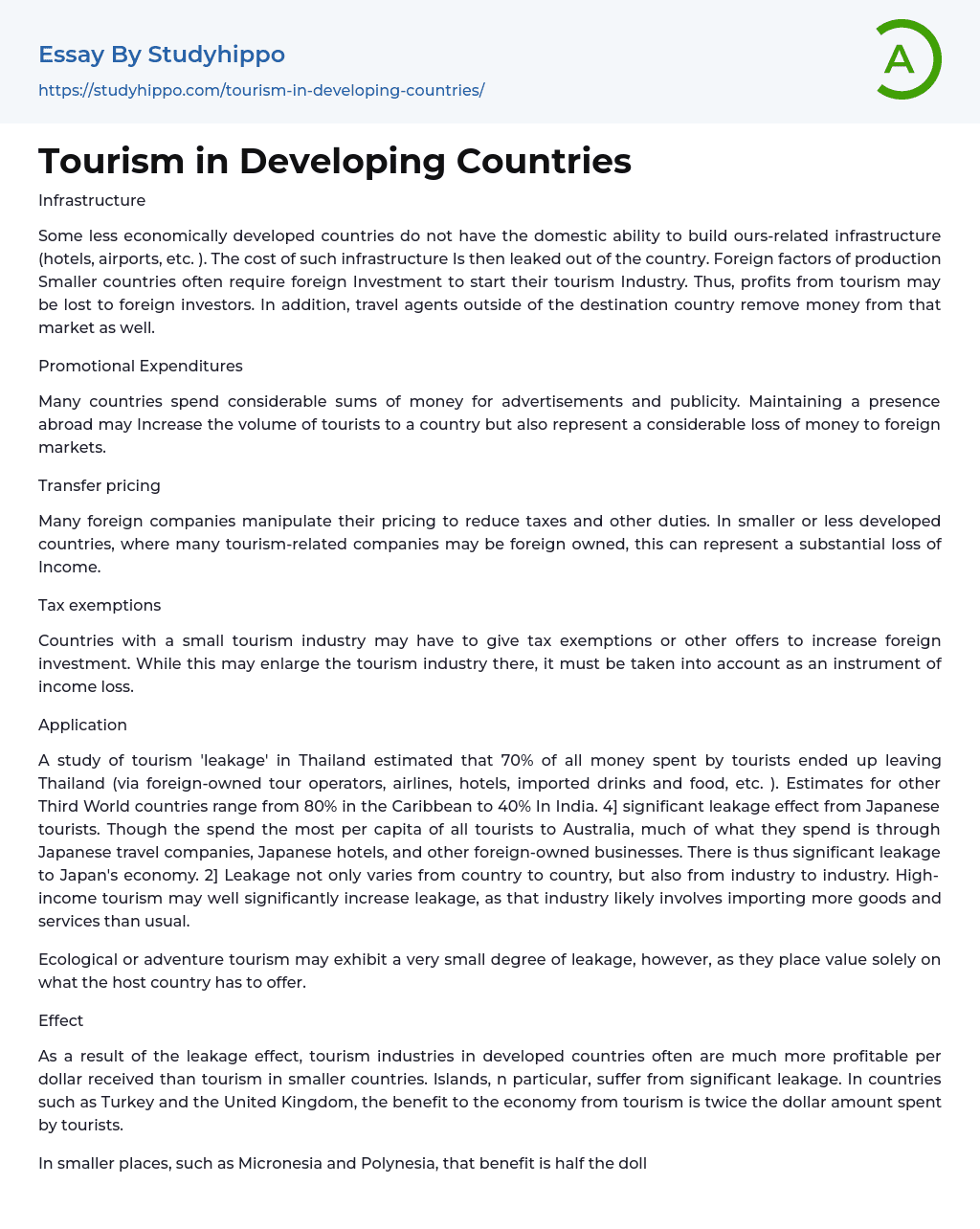 Tourism in Developing Countries Essay Example