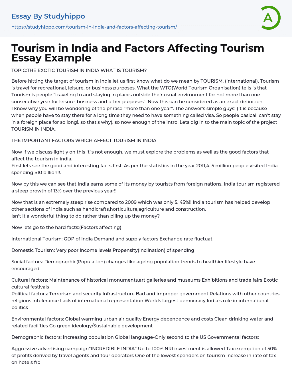 Tourism in India and Factors Affecting Tourism Essay Example