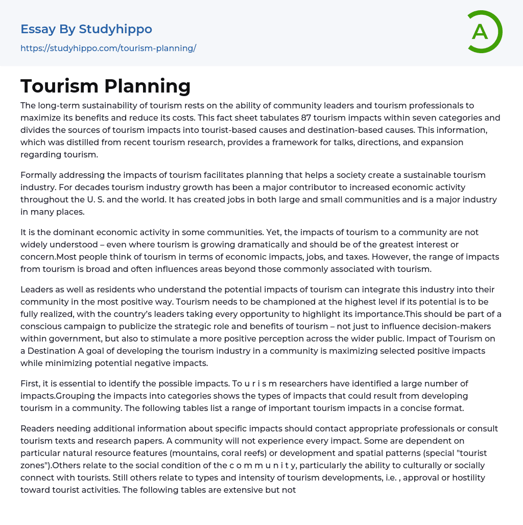 Tourism Planning Essay Example