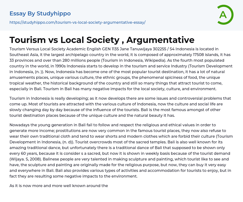 Tourism vs Local Society Indonesia Essay Example