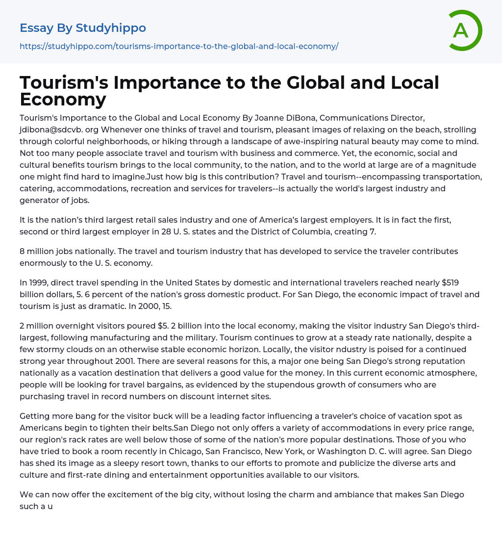 Tourism’s Importance to the Global and Local Economy Essay Example