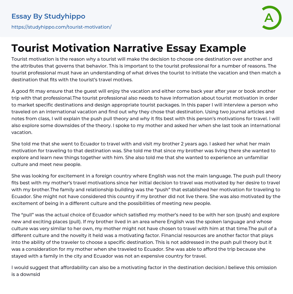 Tourist Motivation Narrative Essay Example