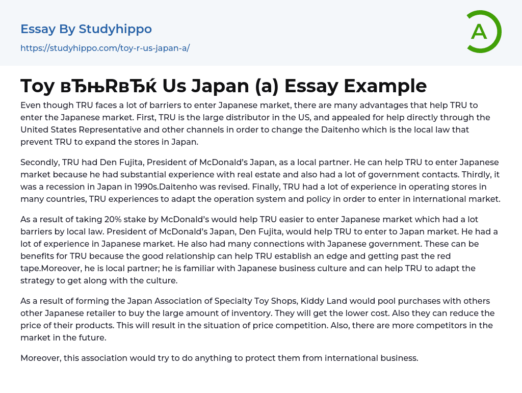 Toy “R” Us Japan (a) Essay Example