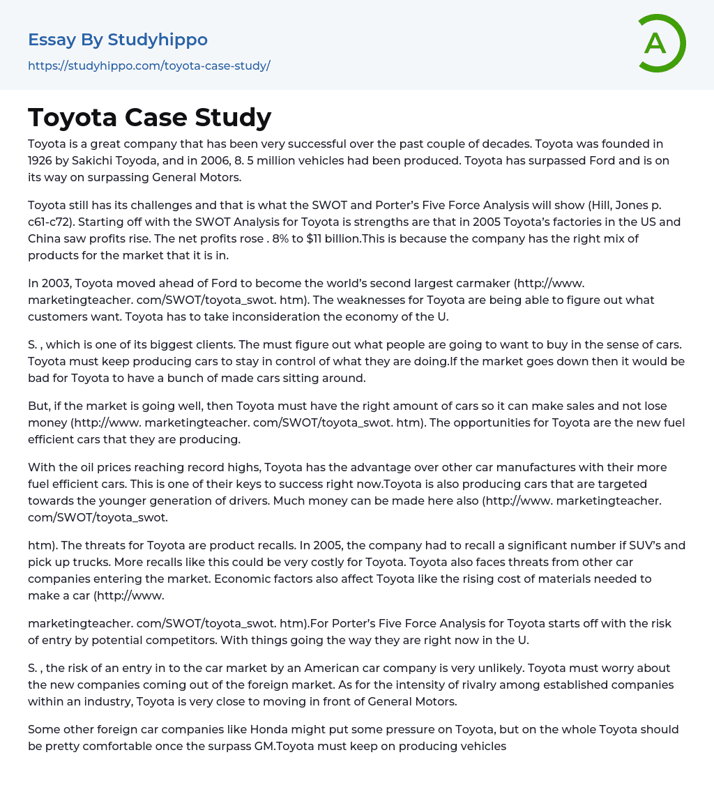 Toyota Case Study Essay Example