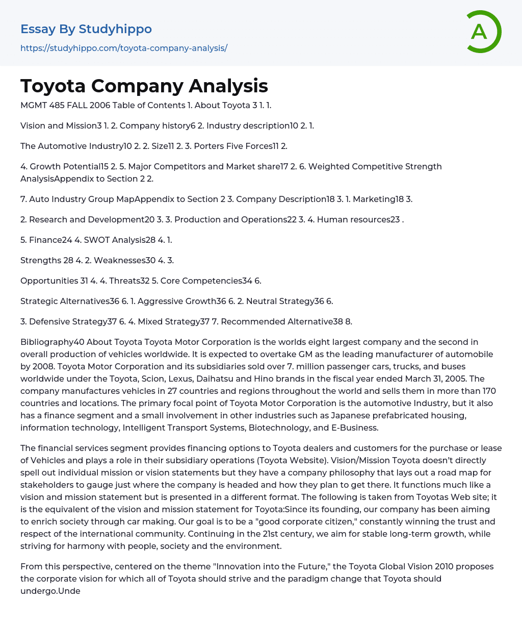 Toyota Company Analysis Essay Example