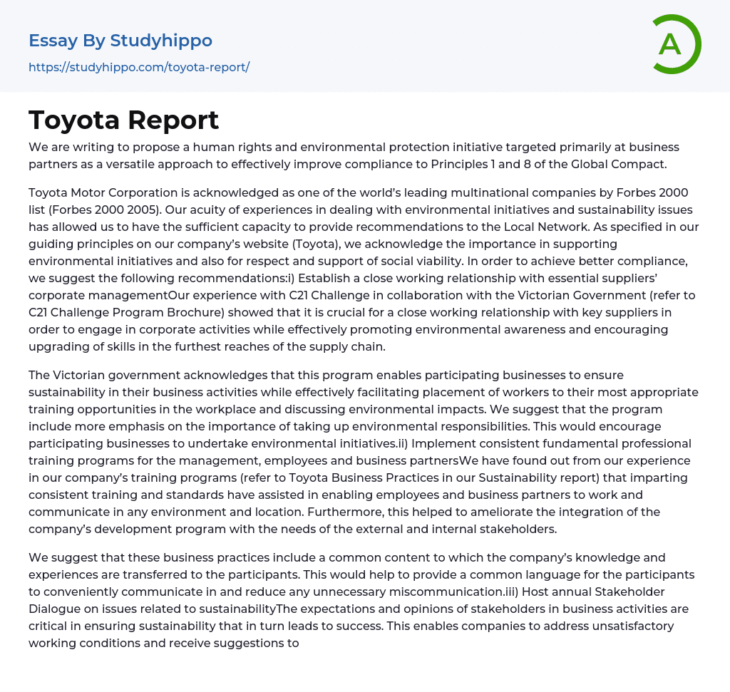 Toyota Report Essay Example