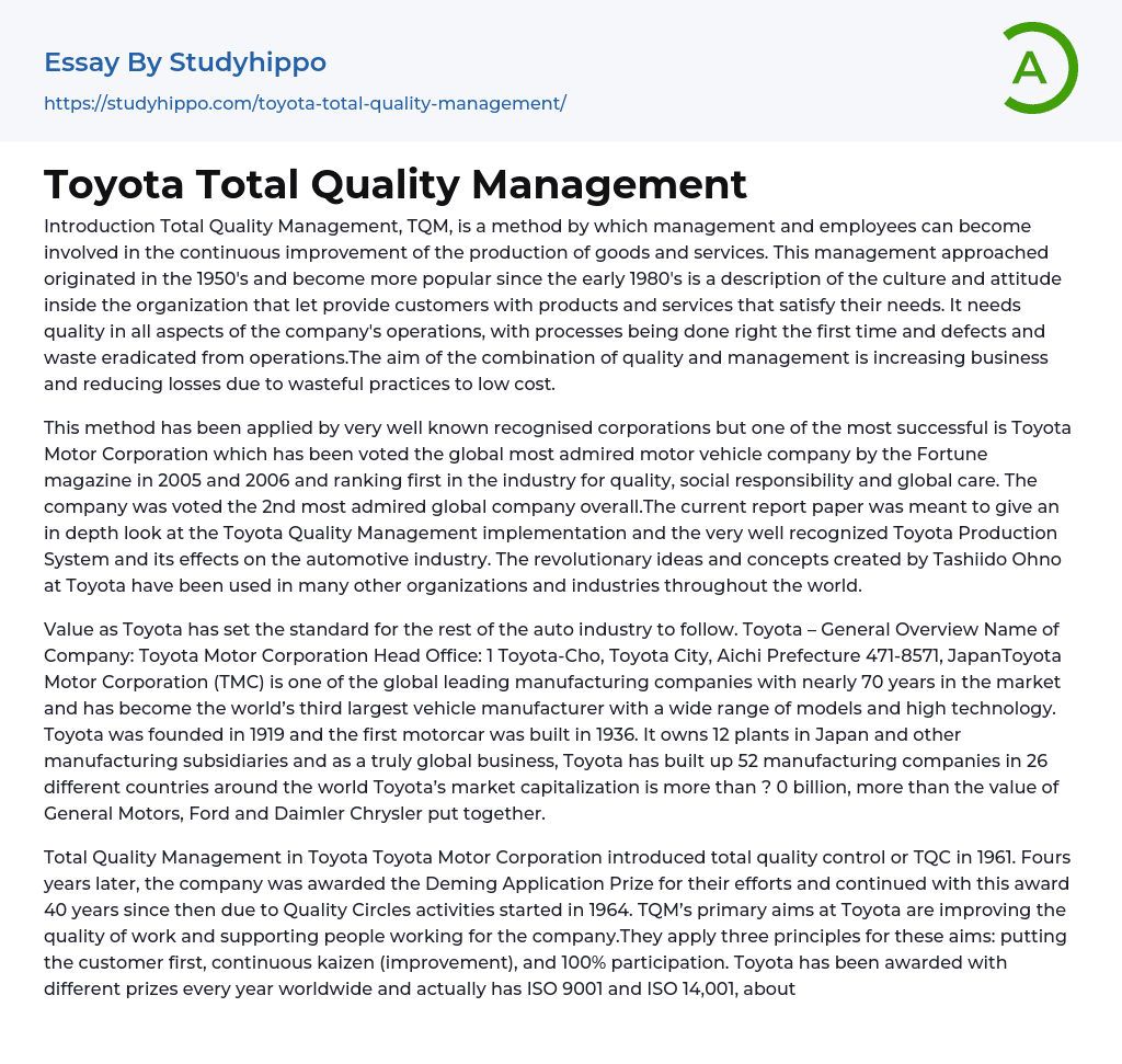 Toyota Total Quality Management Essay Example