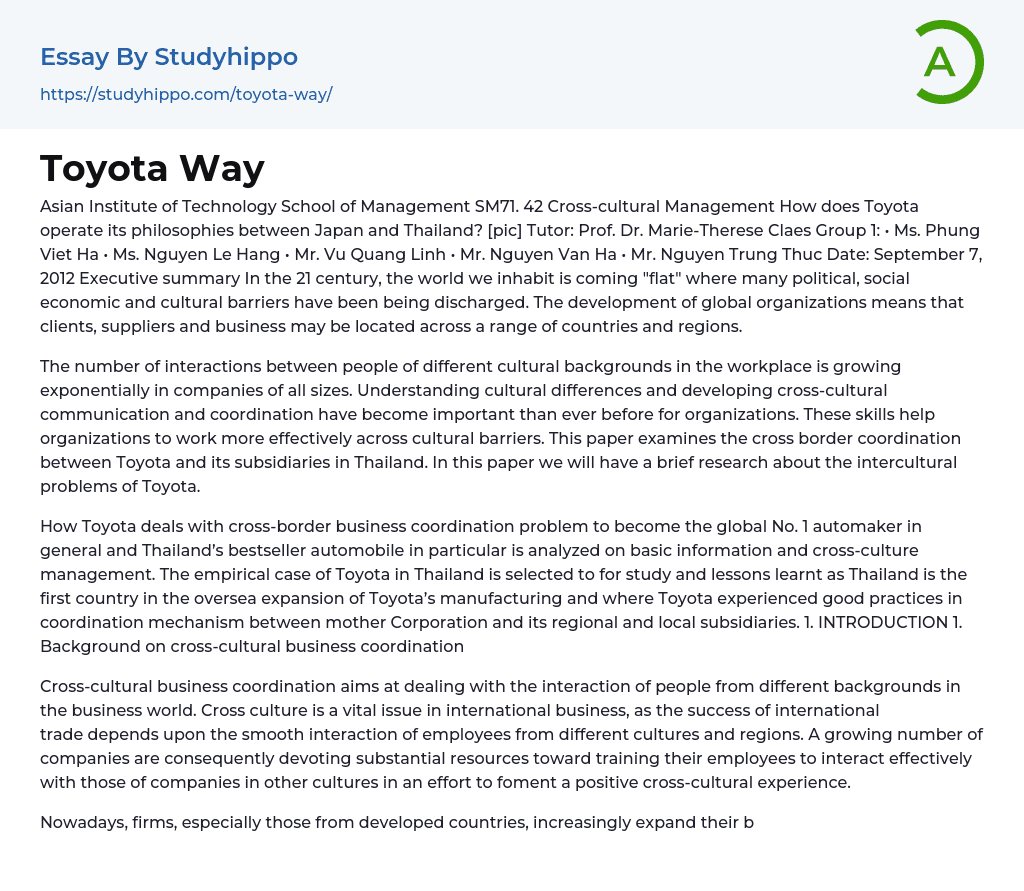 Japanese Automobile Corporation Toyota Way Essay Example