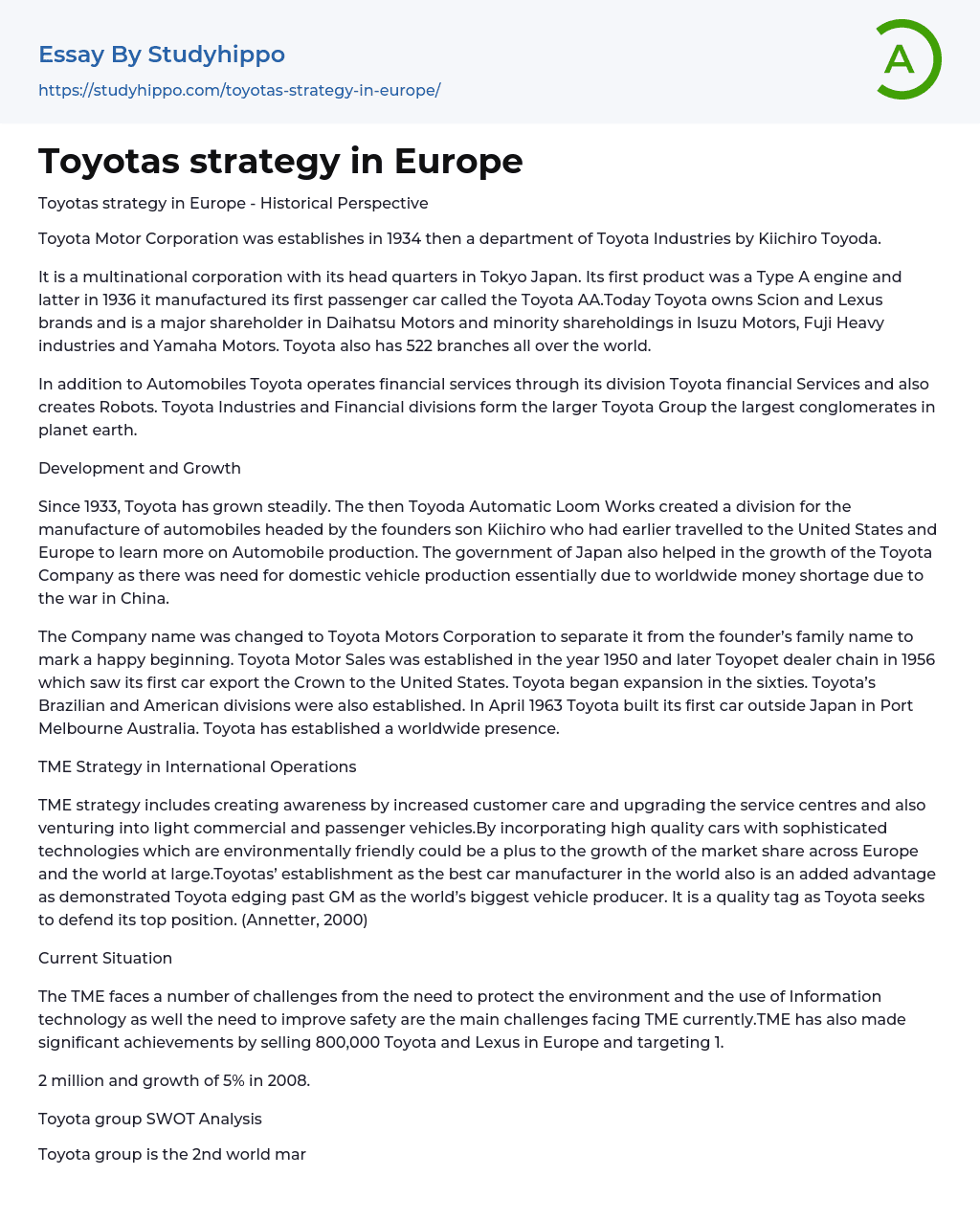 Toyotas strategy in Europe Essay Example