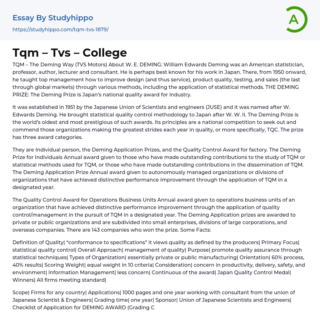 Tqm – Tvs – College Essay Example