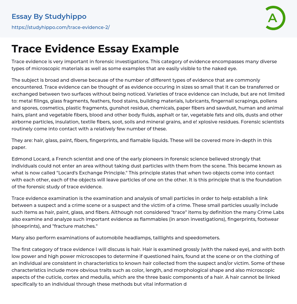 Trace Evidence Essay Example