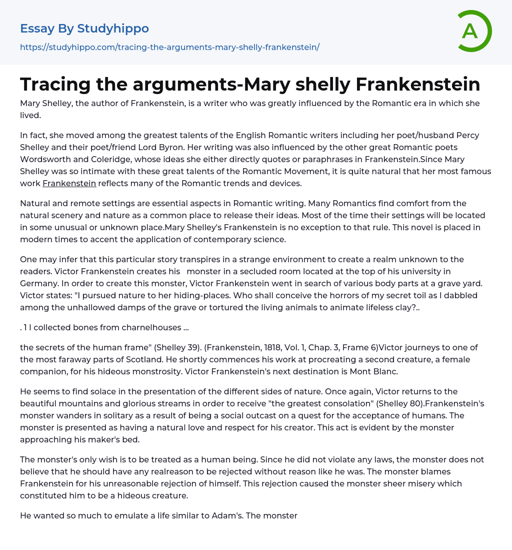 Tracing the arguments-Mary shelly Frankenstein Essay Example