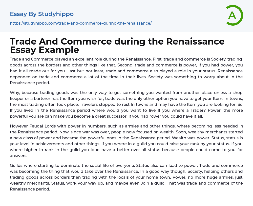 Trade And Commerce during the Renaissance Essay Example