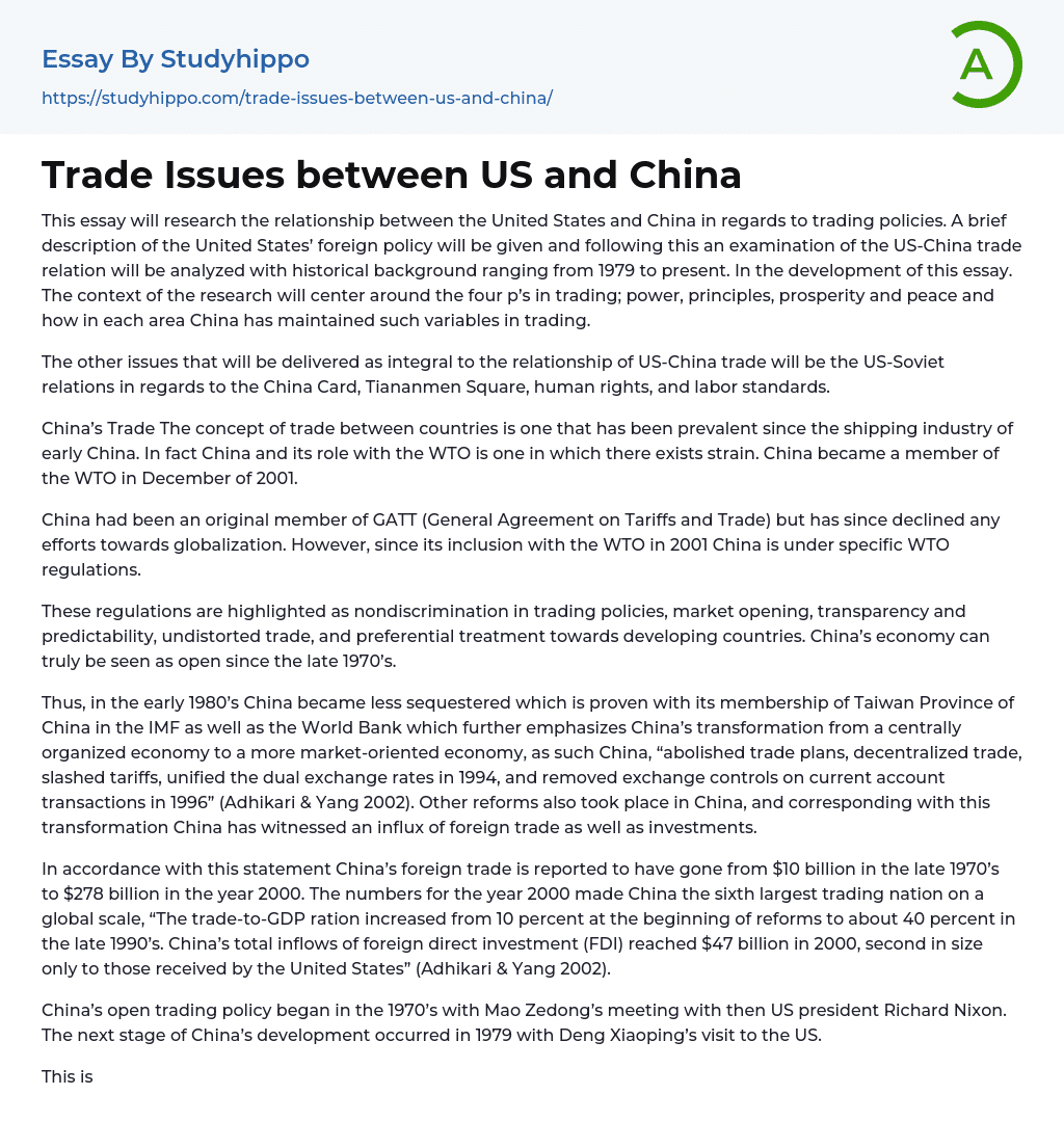 Trade Issues between US and China Essay Example