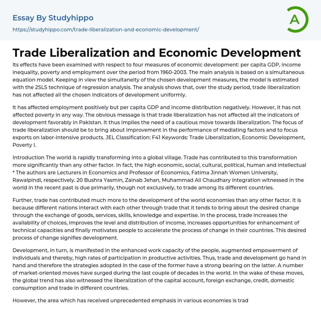 Trade Liberalization and Economic Development Essay Example