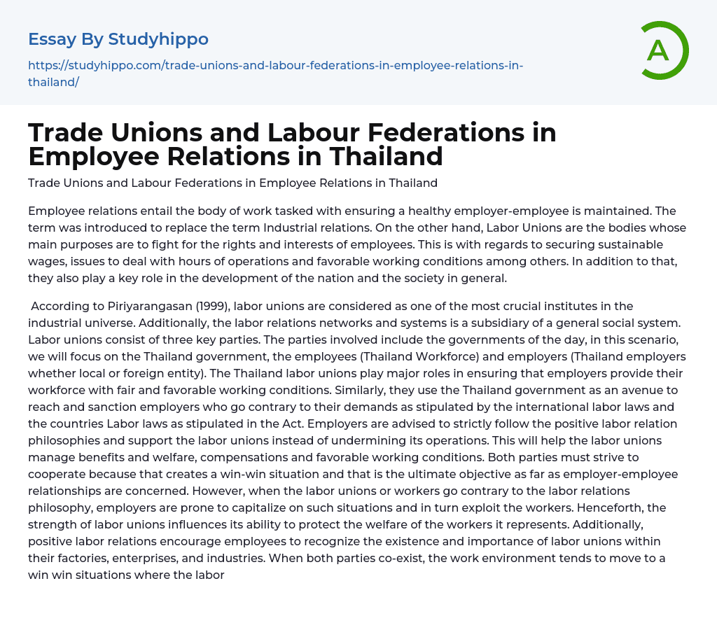 Trade Unions and Labour Federations in Employee Relations in Thailand Essay Example