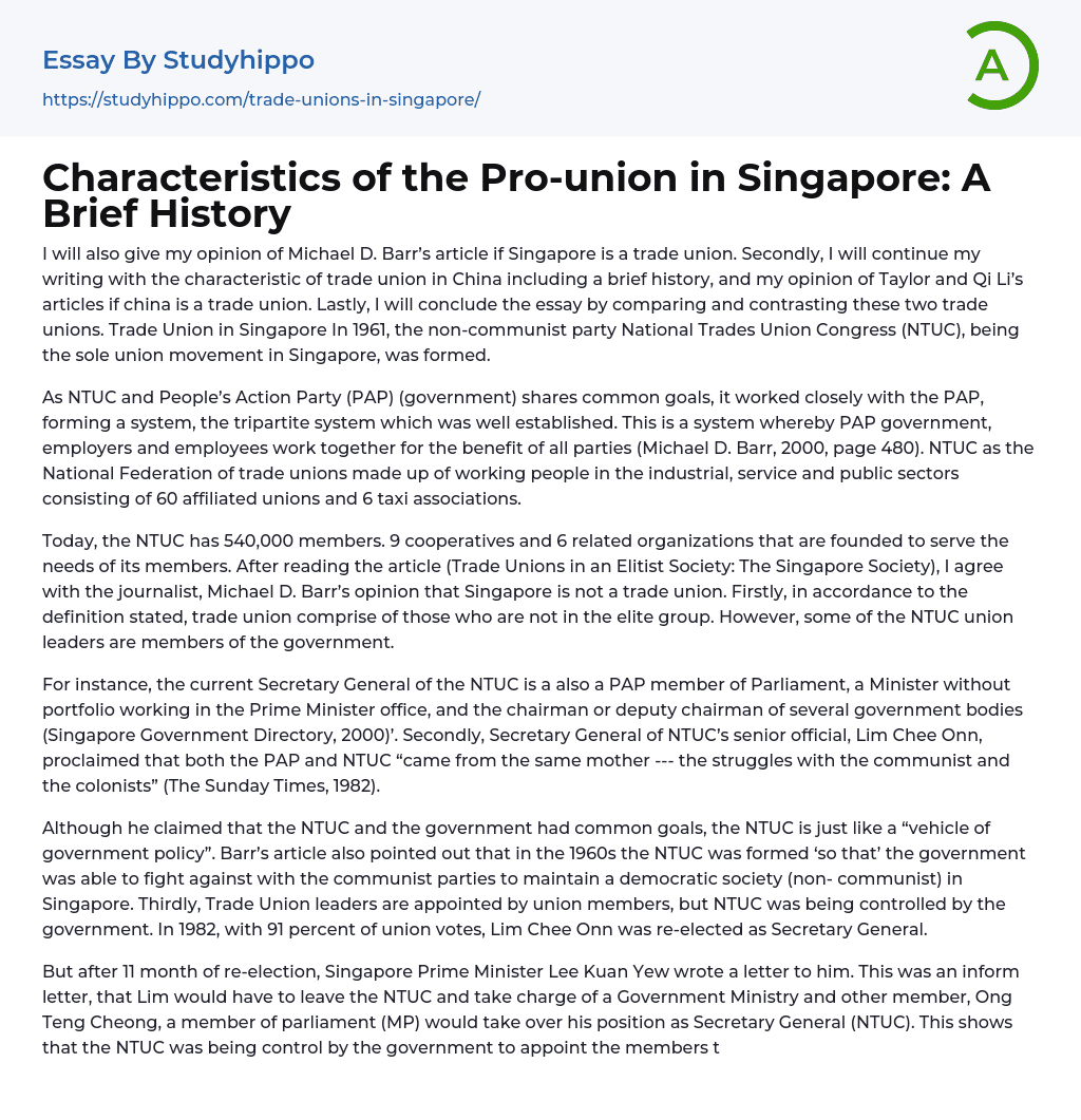 Characteristics of the Pro-union in Singapore: A Brief History Essay Example