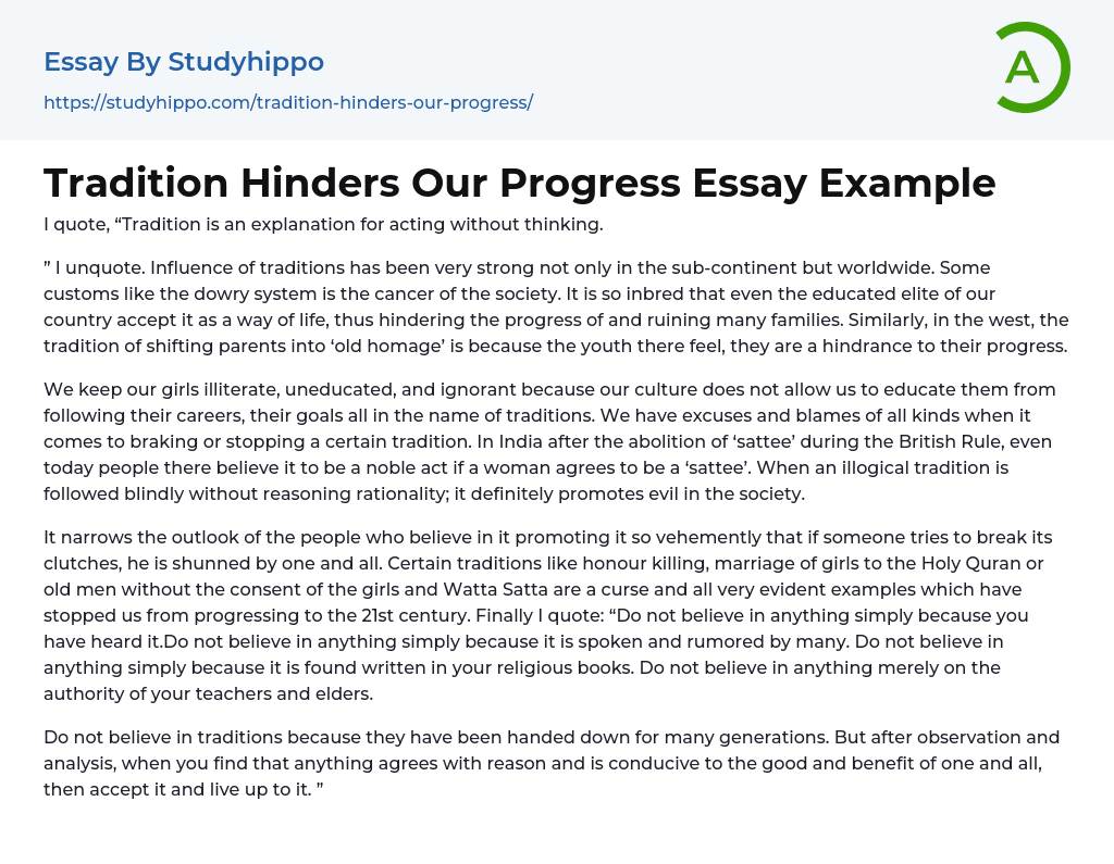 Tradition Hinders Our Progress Essay Example