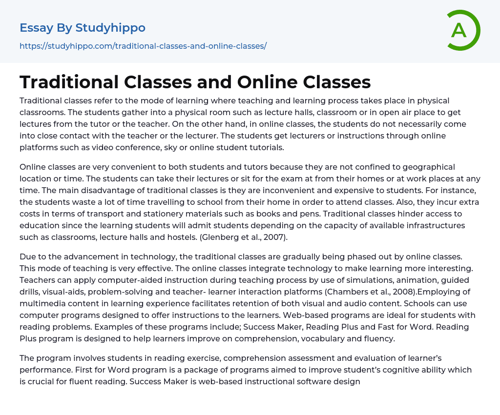Traditional Classes and Online Classes Essay Example