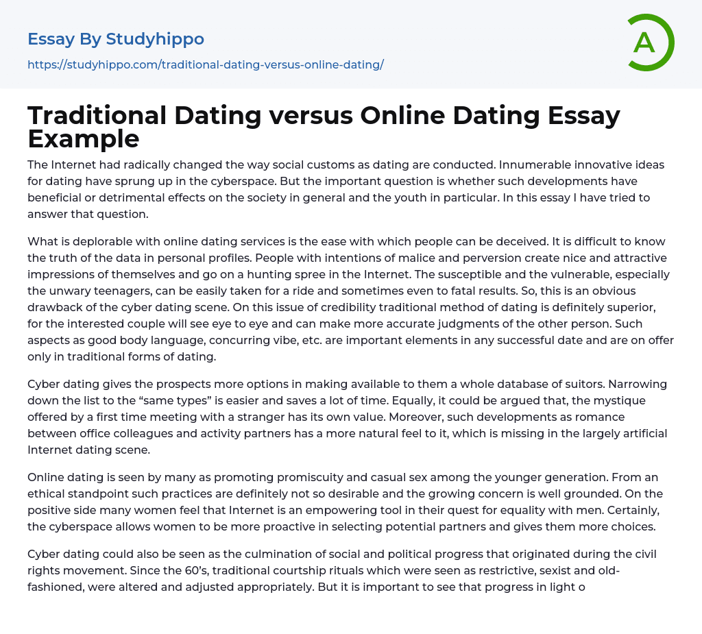 Traditional Dating versus Online Dating Essay Example