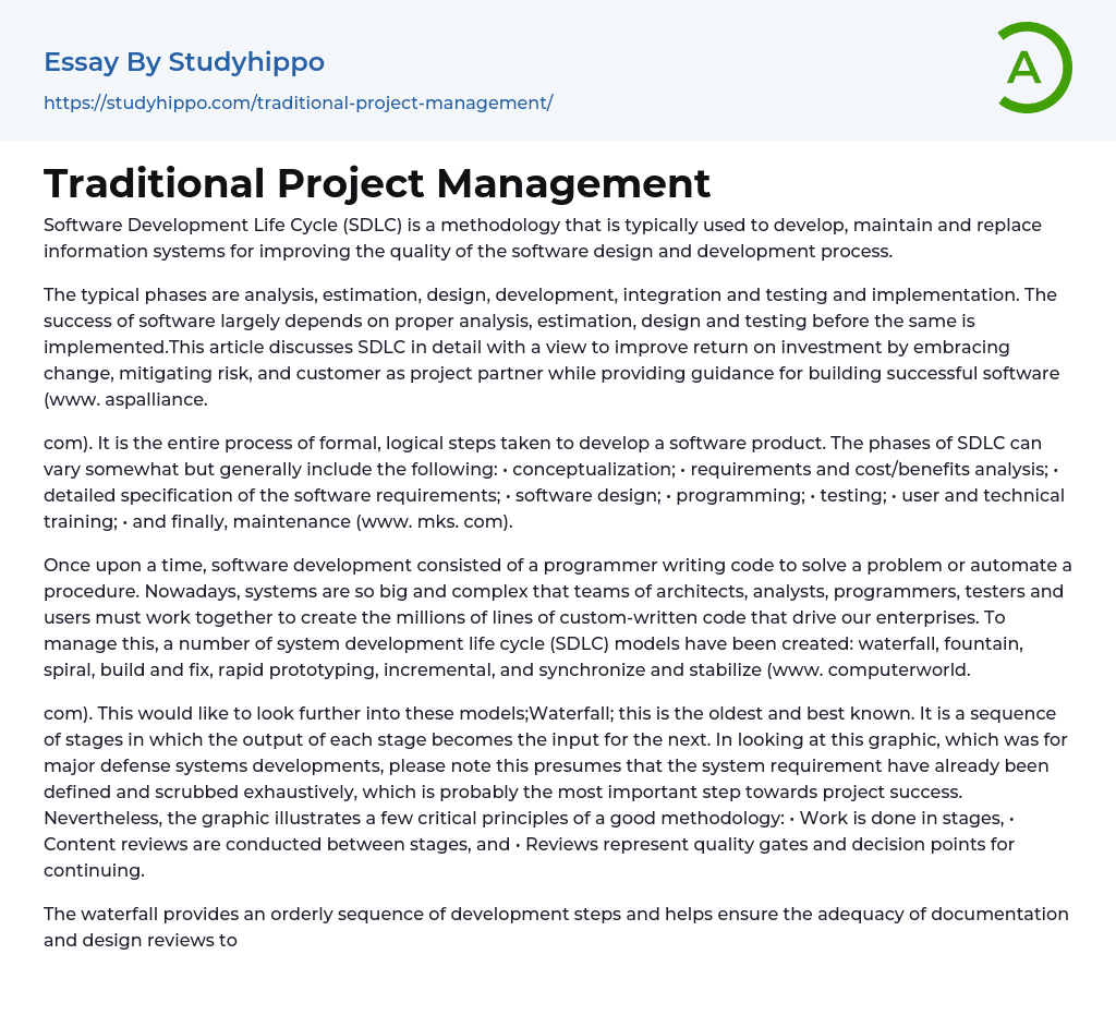 Traditional Project Management Essay Example