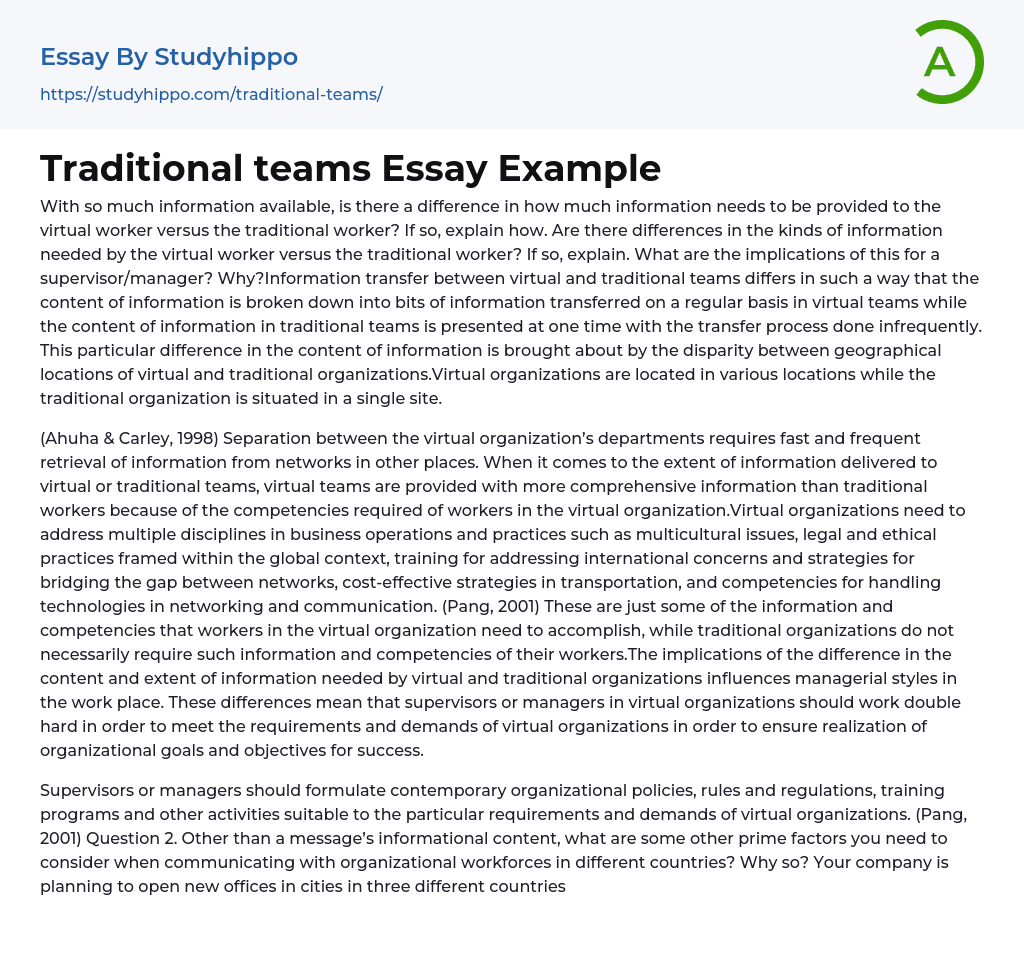 Traditional teams Essay Example