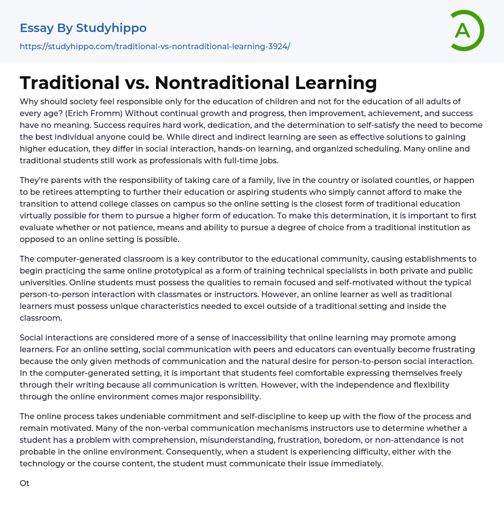 Traditional vs. Nontraditional Learning Essay Example