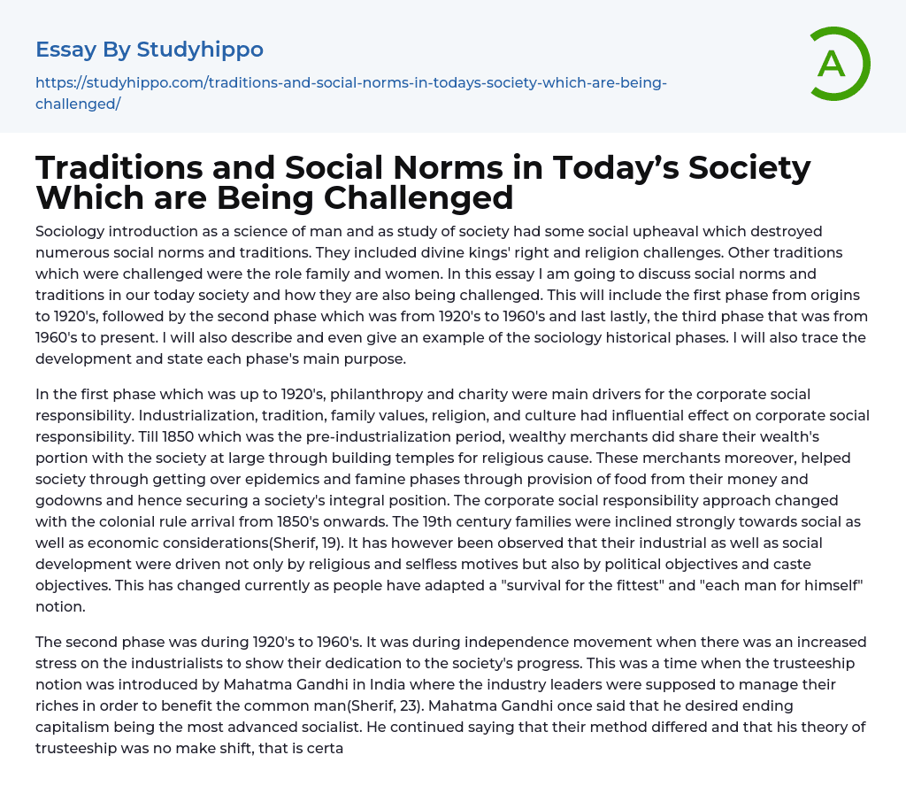 Traditions and Social Norms in Today’s Society Which are Being Challenged Essay Example