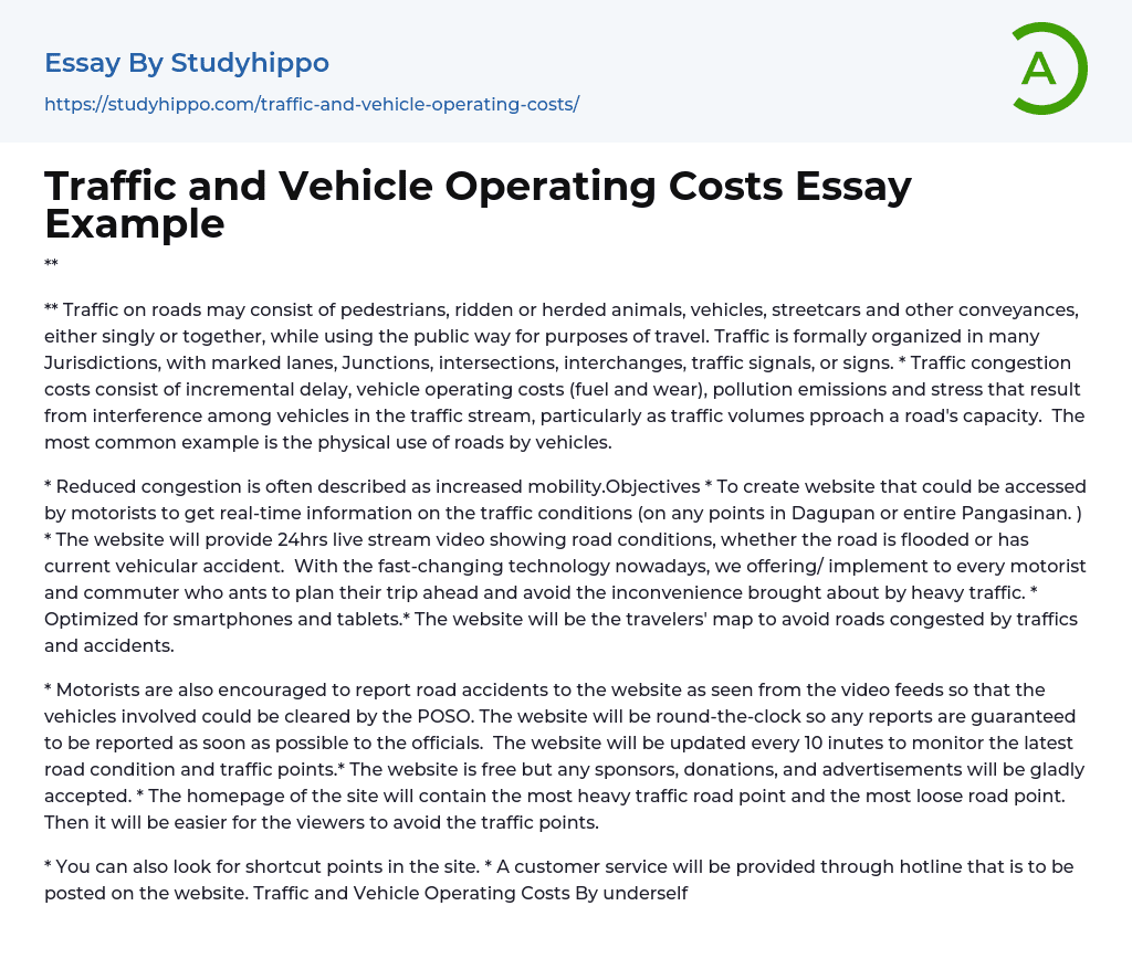 Traffic and Vehicle Operating Costs Essay Example
