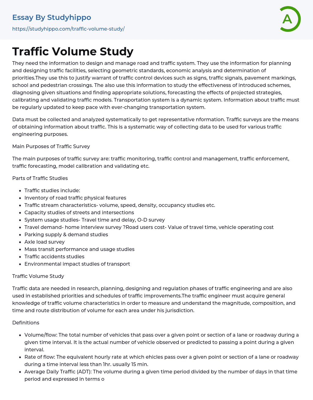 Traffic Volume Study Essay Example