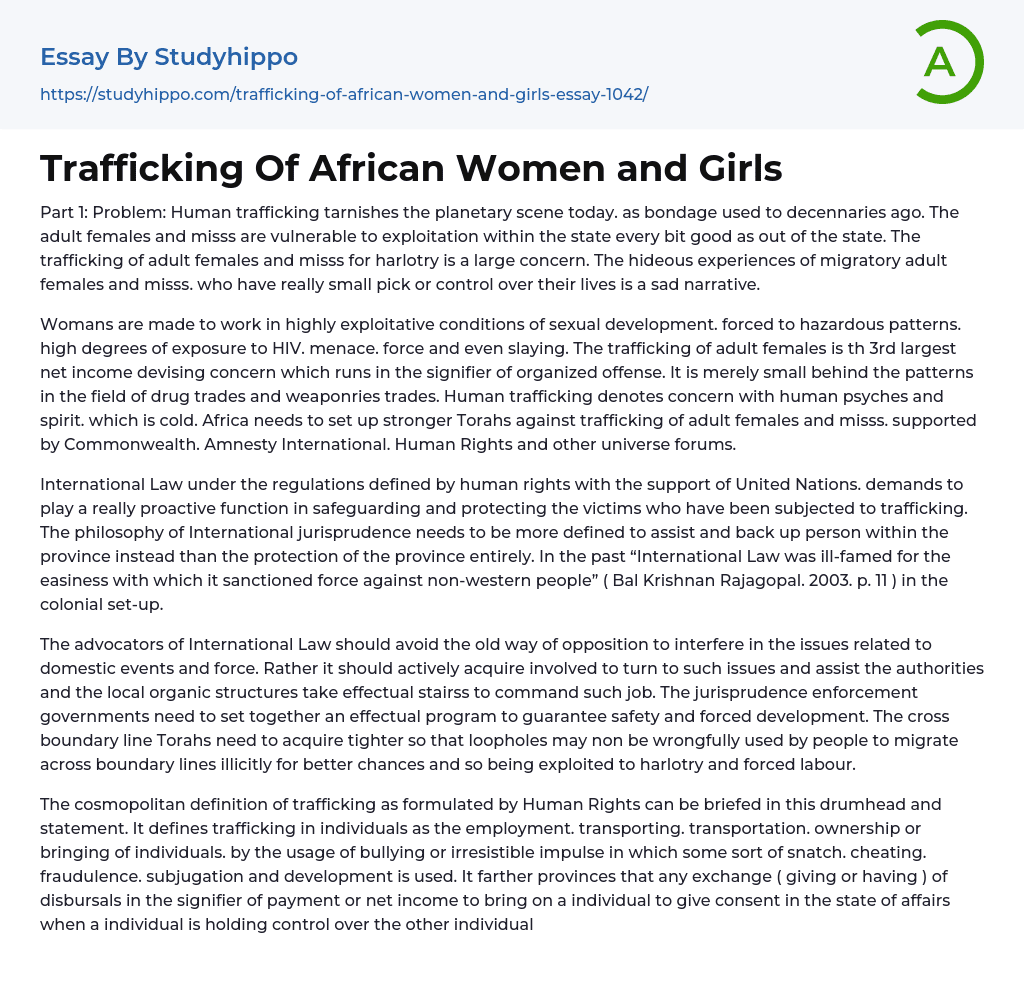 Trafficking Of African Women and Girls Essay Example