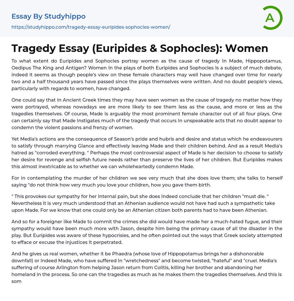 Tragedy Essay (Euripides & Sophocles): Women