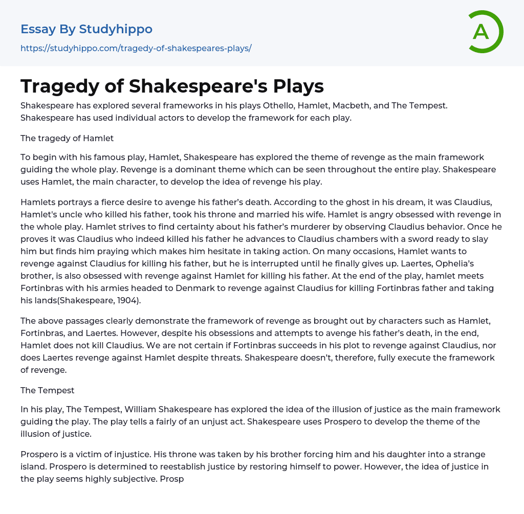 Tragedy of Shakespeare’s Plays Essay Example