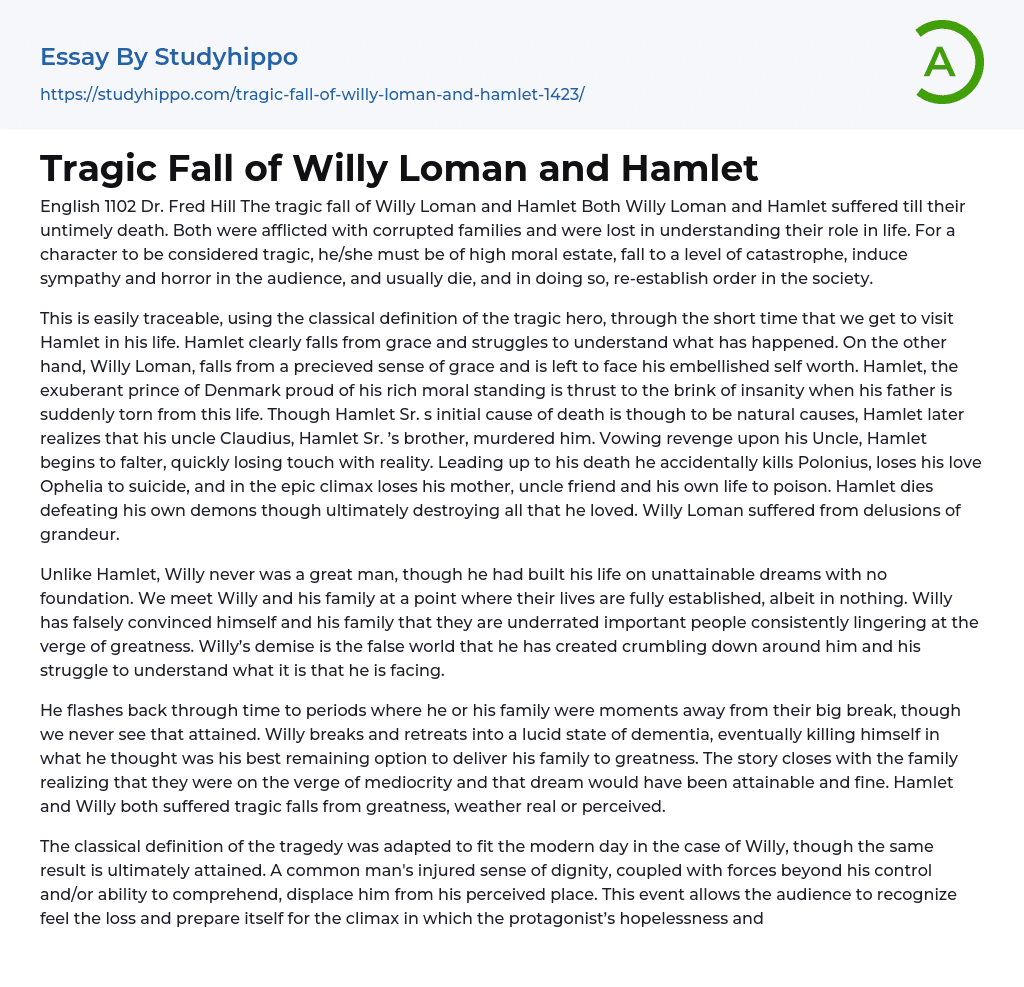 Tragic Fall of Willy Loman and Hamlet Essay Example