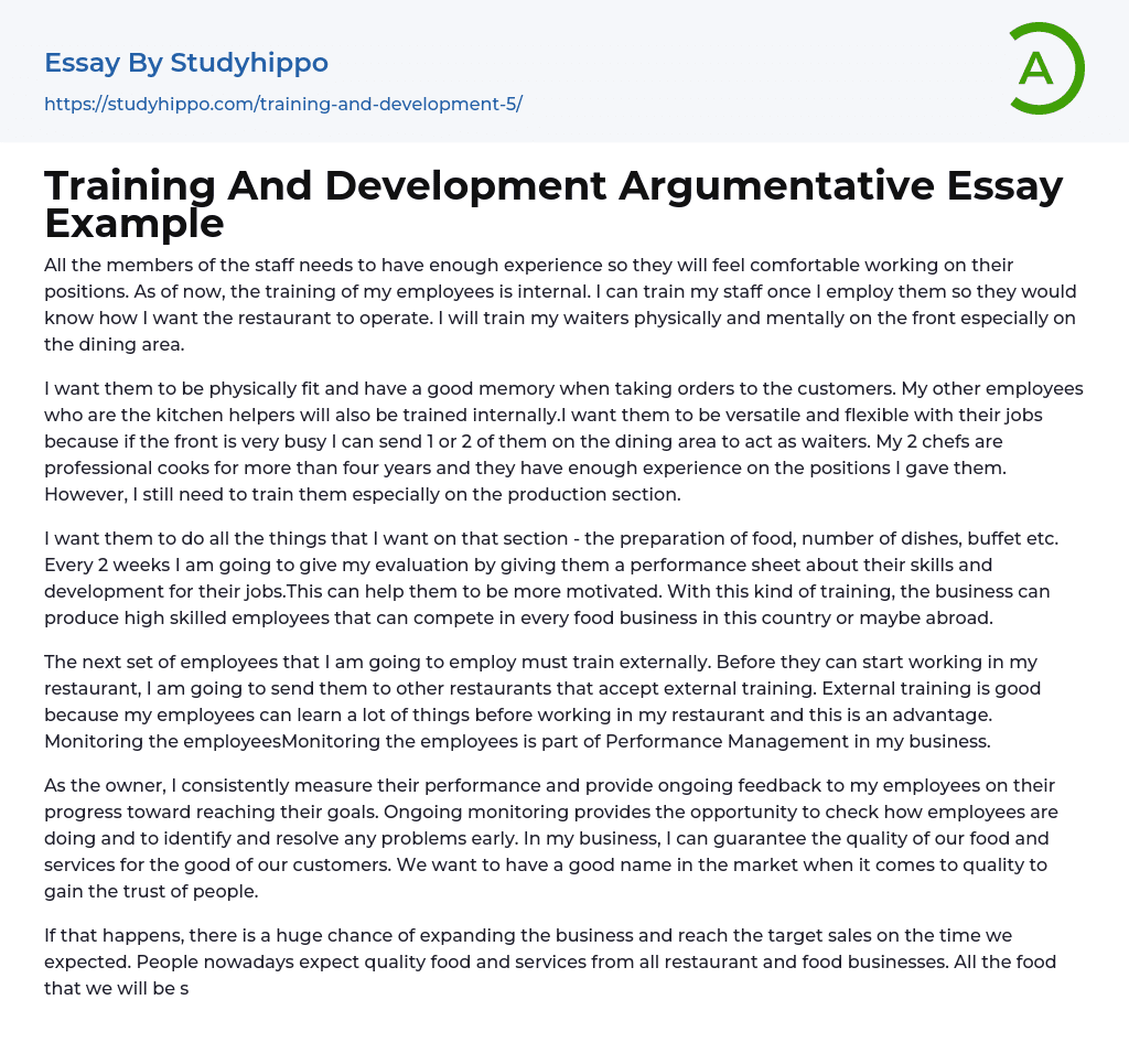 Training And Development Argumentative Essay Example