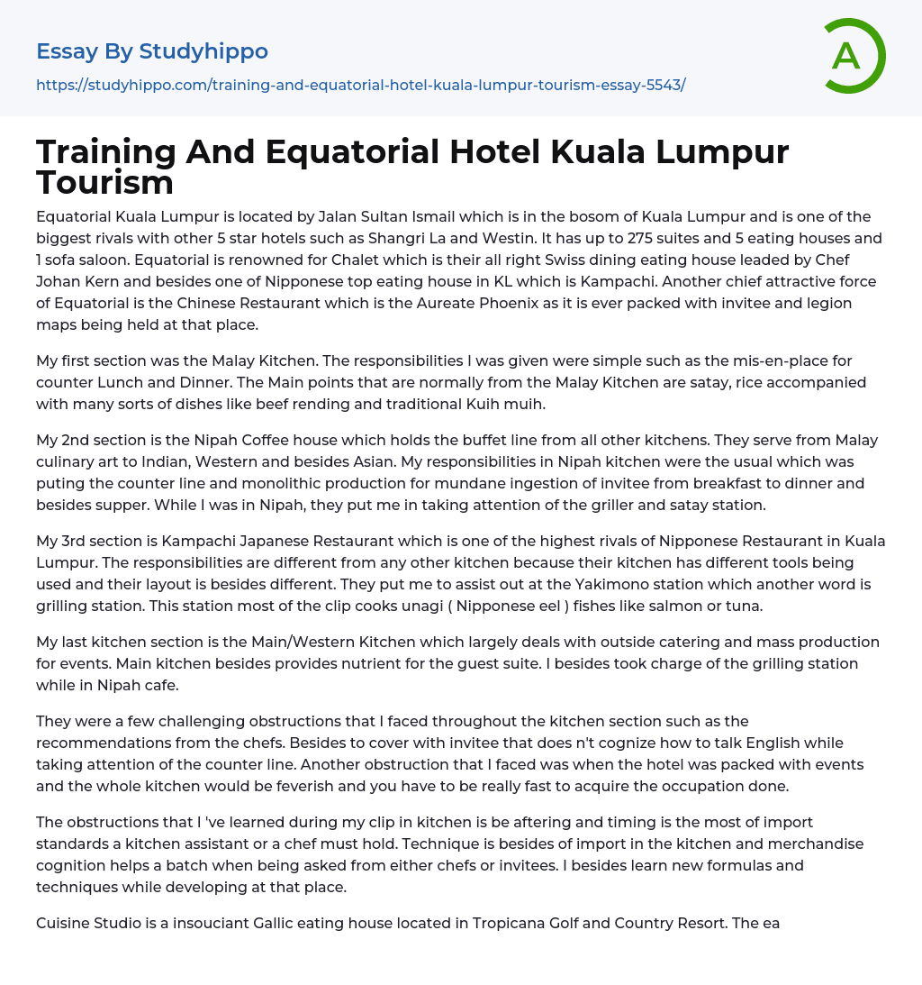 Training And Equatorial Hotel Kuala Lumpur Tourism Essay Example