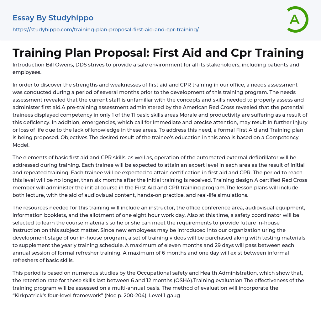 Training Plan Proposal: First Aid and Cpr Training Essay Example
