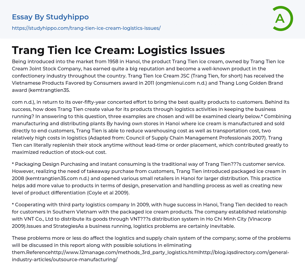 Trang Tien Ice Cream: Logistics Issues Essay Example