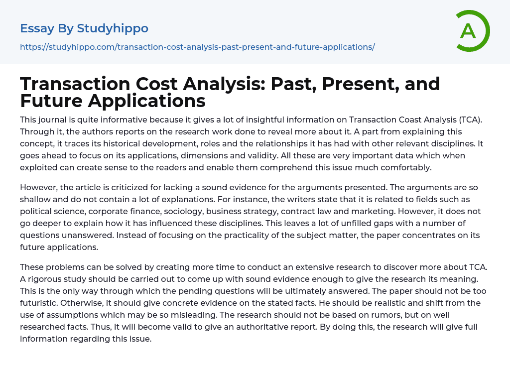 Transaction Cost Analysis: Past, Present, and Future Applications Essay Example