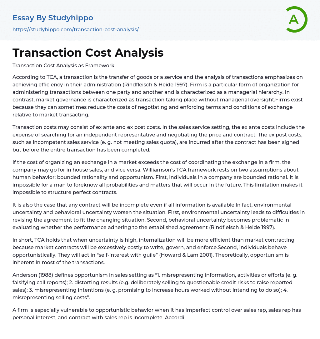 Transaction Cost Analysis Essay Example