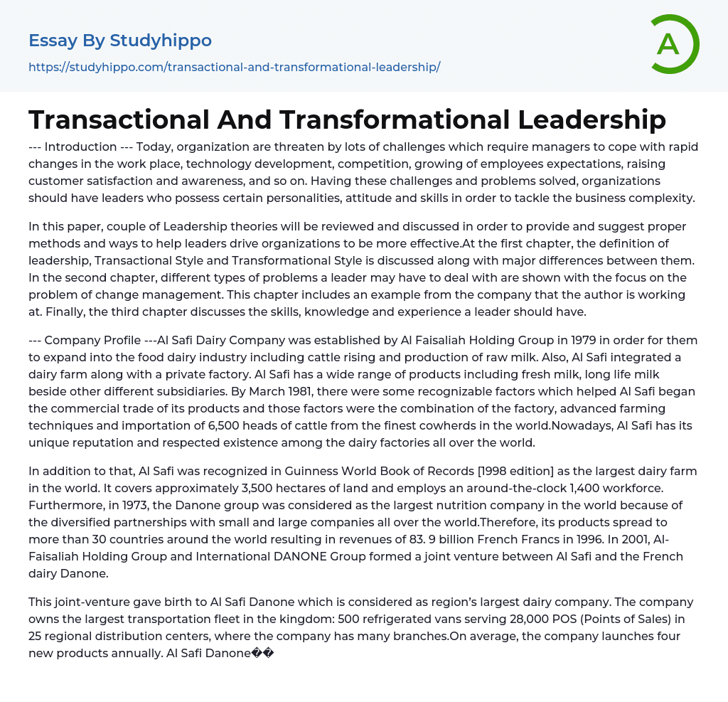 Transactional And Transformational Leadership Essay Example